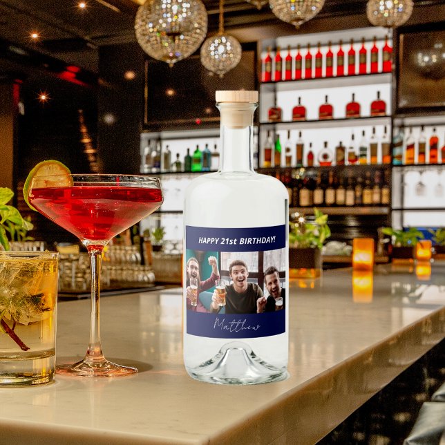 Birthday party photo navy blue modern guy liquor bottle label (Creator Uploaded)