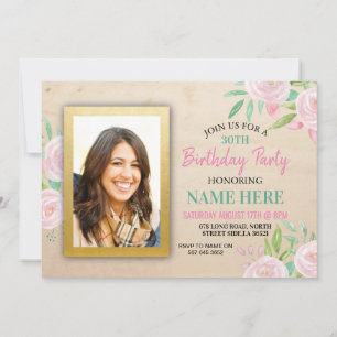 Birthday Party Photo Pink Floral Flowers Invite
