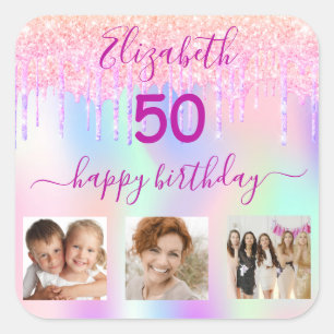 Birthday party photo rainbow holographic glitter square sticker