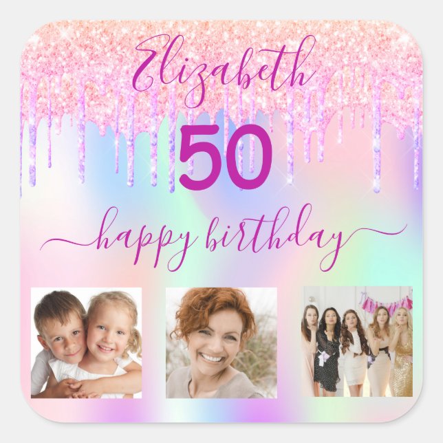 Birthday party photo rainbow holographic glitter square sticker (Front)