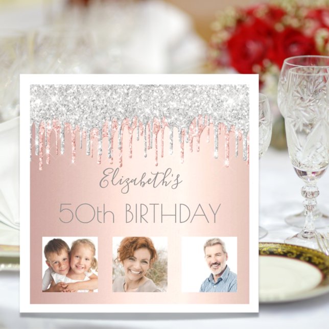 Birthday party photo rose gold glitter pink silver napkin (Creator Uploaded)