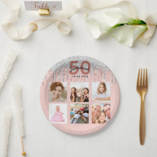Birthday party photo rose gold glitter pink silver paper plate