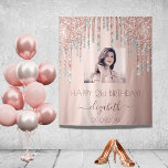 Birthday party photo rose gold glitter pink silver tapestry<br><div class="desc">A tapestry for a girly and glamourous 21st (or any age) birthday party. A rose gold , pink gradient background with elegant rose gold, pink and faux silver glitter drips. Personalise and add your own high quality photo of the birthday girl. The text: The name is written in dark rose...</div>