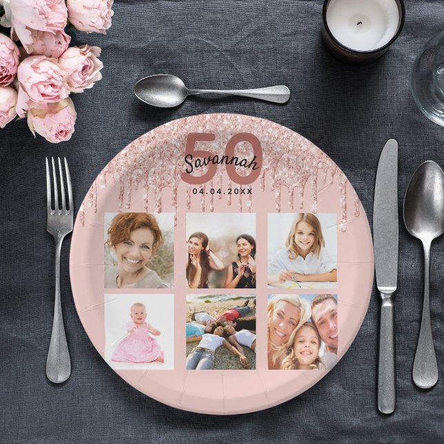 Birthday party photo rose gold pink paper plate (Creator Uploaded)