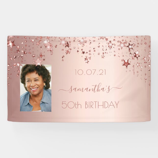 Birthday party photo rose gold pink stars banner (Horizontal)