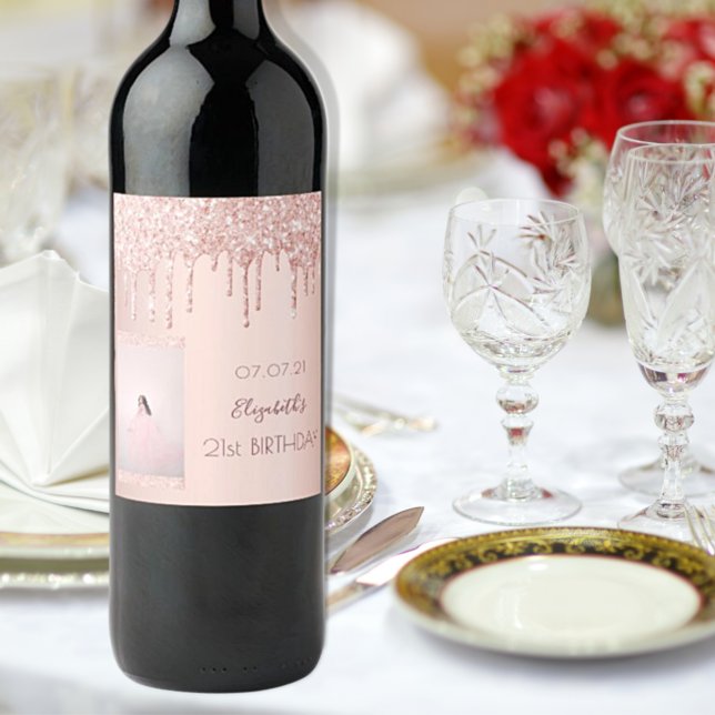 Birthday party photo rose gold pink wine label (Creator Uploaded)