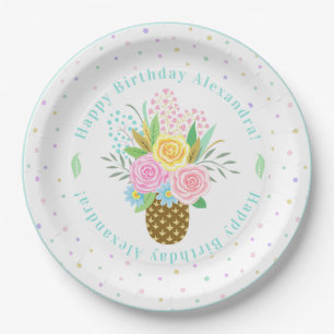 Birthday Party Pineapple Roses Bouquet Pink Cute Paper Plate