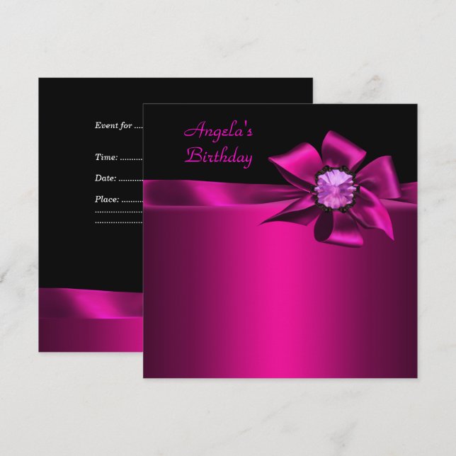 Birthday Party Pink Bow Black Pink Invitation (Front/Back)
