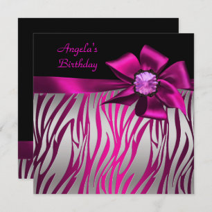 Birthday Party Pink Bow Black Pink Zebra Silver Invitation