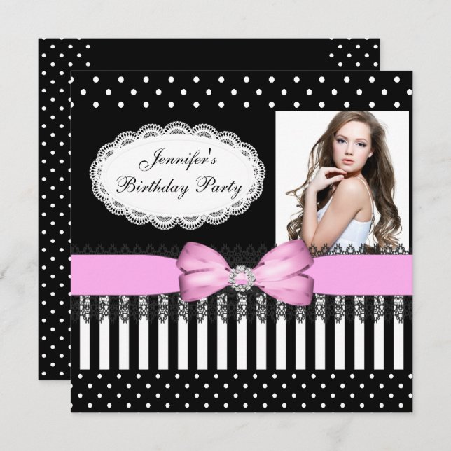 Birthday Party Pink Bow Black White Polka Dots Invitation (Front/Back)