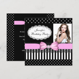 Birthday Party Pink Bow Black White Polka Dots Invitation