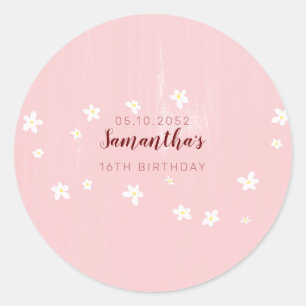 Birthday Party Pink Daisies Sweet Girly Script  Classic Round Sticker