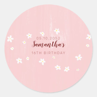 Birthday Party Pink Daisies Sweet Girly Script  Classic Round Sticker