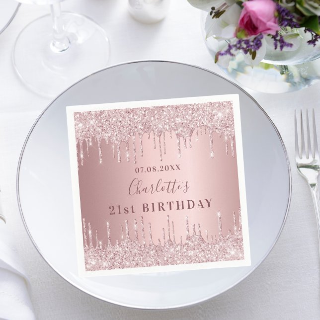 Birthday party pink dusty rose glitter monogram napkin (Creator Uploaded)