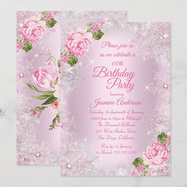 Birthday Party Pink Floral Winter Wonderland Invitation (Front/Back)