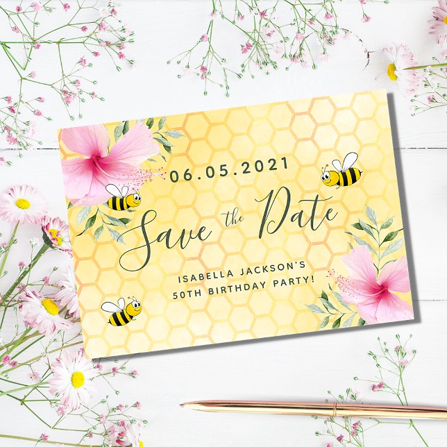 Birthday party pink florals yellow honeycomb bees save the date (Creator Uploaded)