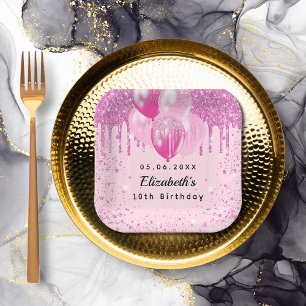 Birthday party pink glitter balloons girl  paper plate