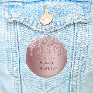 Birthday party pink glitter drips name 3 cm round badge