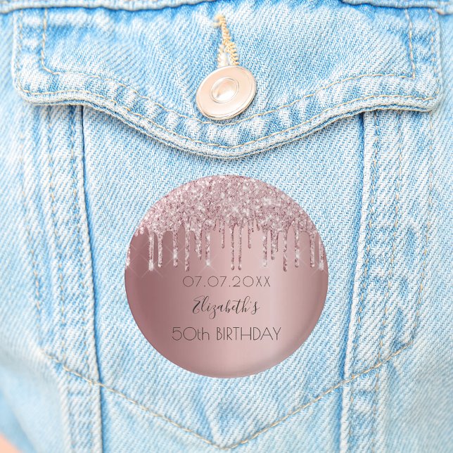 Birthday party pink glitter drips name 3 cm round badge (Creator Uploaded)