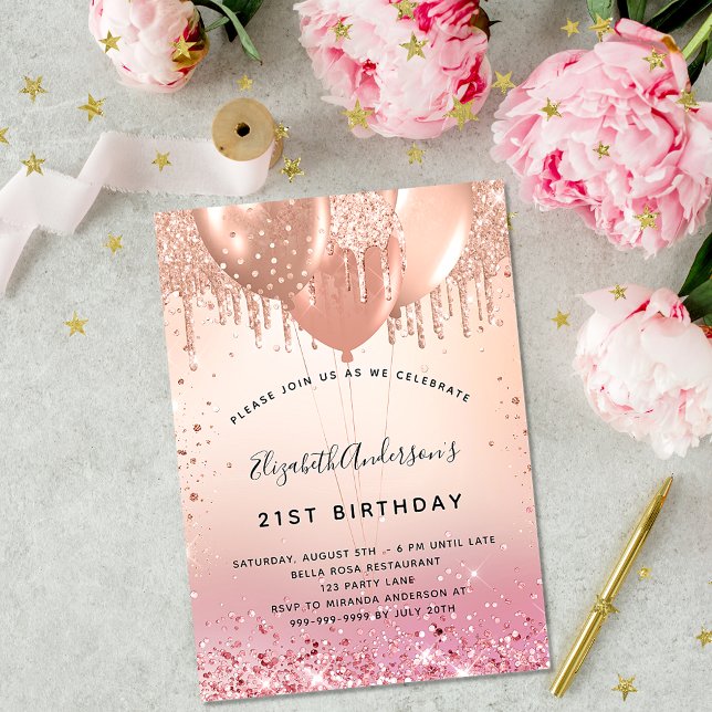 Birthday party pink rose gold balloons invitation (Creator Uploaded)