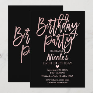 Birthday Party Pink Rose Gold Foil & Black Modern Invitation