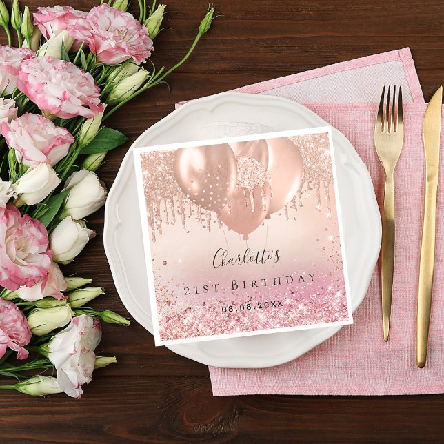 Birthday party pink rose gold glitter balloons napkin (Creator Uploaded)