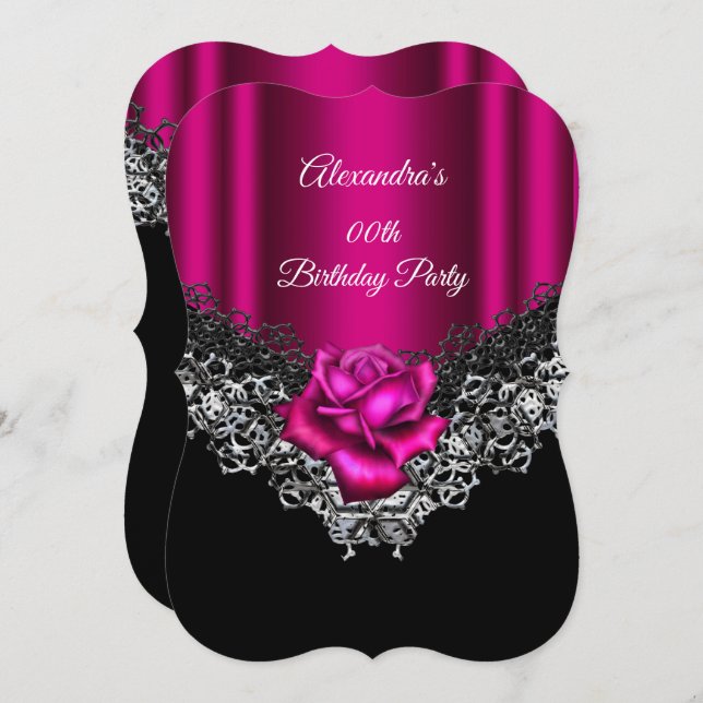 Birthday Party Pink Rose Lace Black Silver Invitation (Front/Back)
