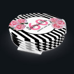 Birthday party pink roses black white stripes coaster set<br><div class="desc">A coaster for a 60th (or any age) birthday party for a girl. Classic slim black and white vertical stripes as background. With girly, feminine and romantic pink roses as decoration. A white and pink frame on front with template for age 60, name and date. Age number in pink, name...</div>