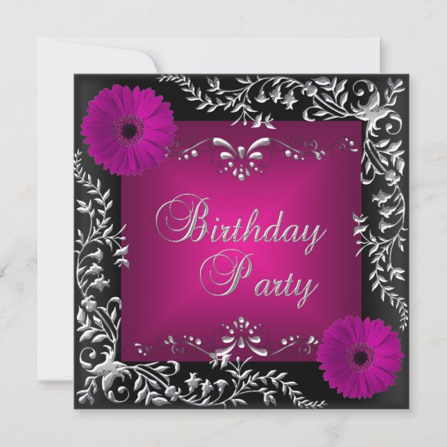 Birthday Party Pink Silver Floral Black Invitation (Front)