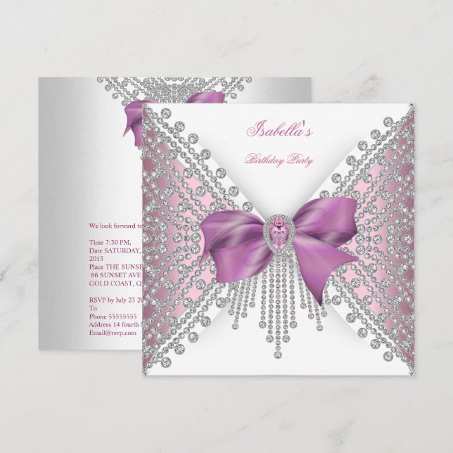 Birthday Party Pink Silver White Diamond Bow 2 Invitation (Front/Back)