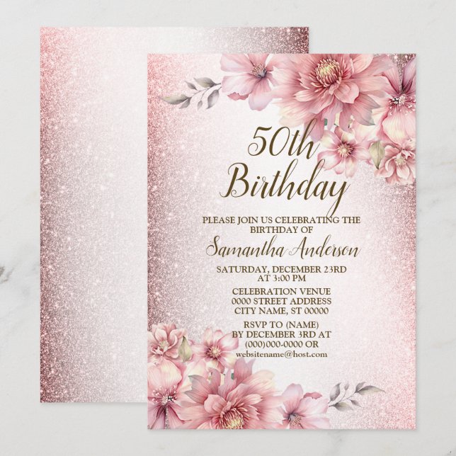 Birthday Party Pink Watercolor Flowers Glitter Invitation (Front/Back)