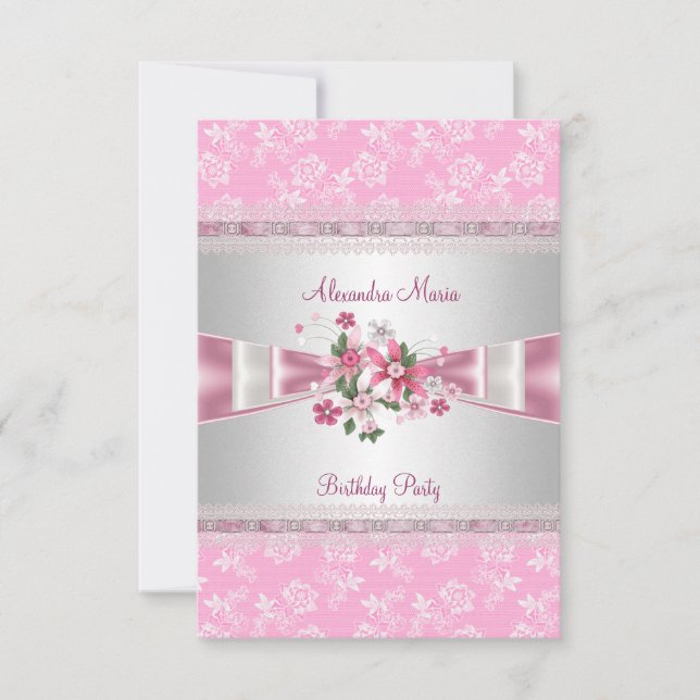 Birthday Party Pink White Floral Damask Bows Invitation (Front)