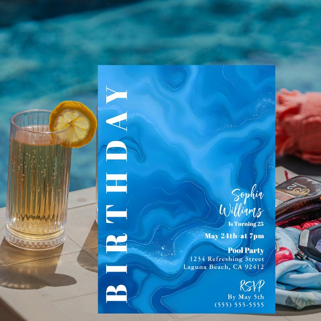 Birthday Party-Pool Party-Moonstone Blue Invitation (Blue Moonstone-Birthday Party Invitation-Pool Parties-Summer parties-modern abstract art-water)