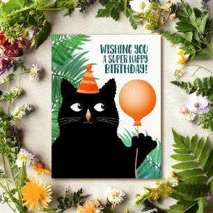 Birthday party postcard with black cat and balloon