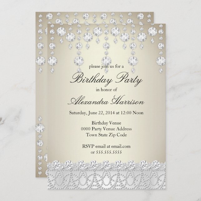 Birthday Party Pretty Crystal Silver Sepia Diamond Invitation (Front/Back)