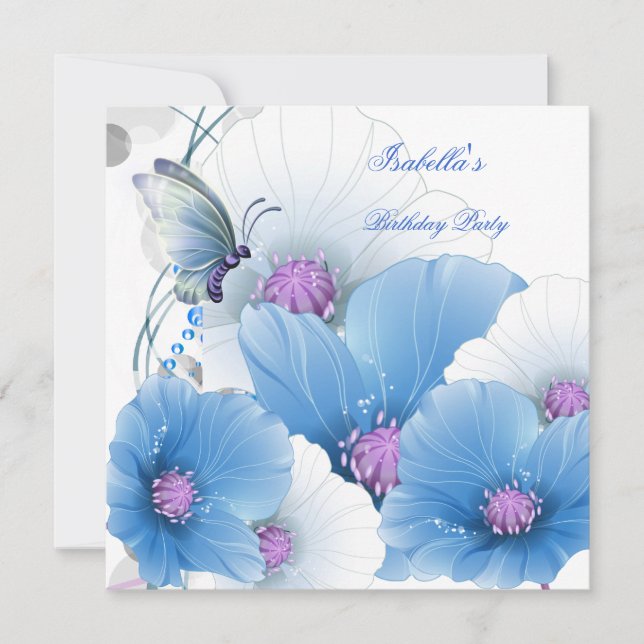 Birthday Party Pretty Floral Blue White Butterfly Invitation (Front)