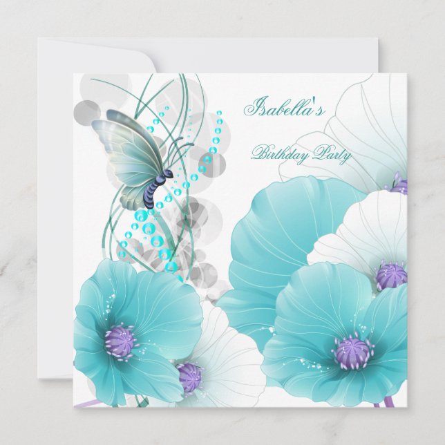 Birthday Party Pretty Floral Teal White Butterfly Invitation (Front)