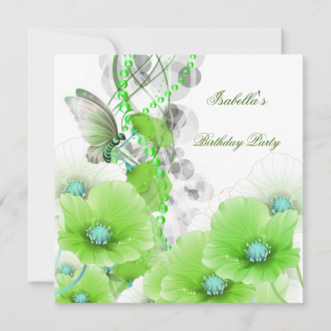 Birthday Party Pretty Green Floral White Butterfly Invitation (Front)