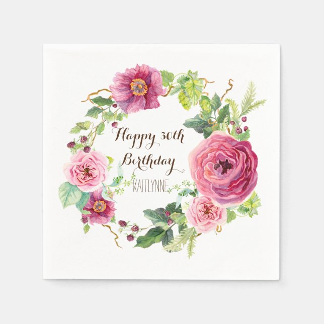 Birthday Party Pretty Pink Roses Wreath Modern Napkin (Front)