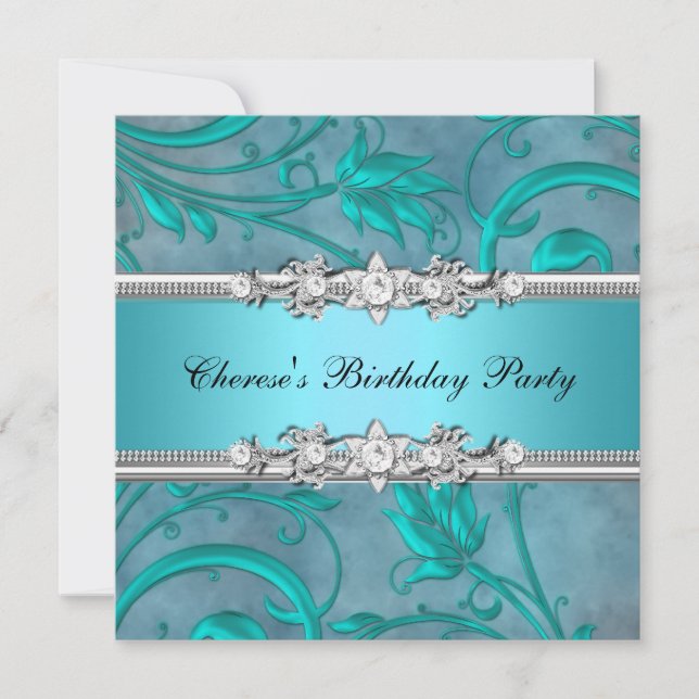 Birthday Party Pretty Teal Floral Diamond Image Invitation (Front)