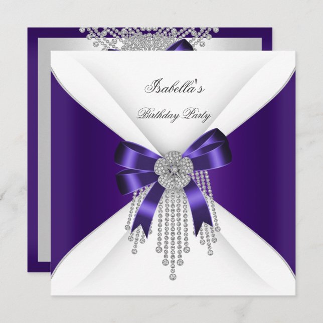 Birthday Party Purple Bow Silver White Diamond Invitation (Front/Back)