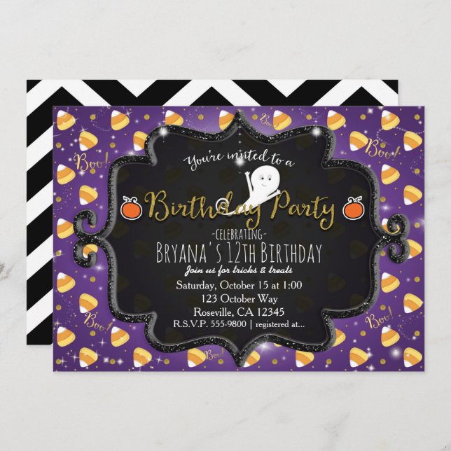 BIRTHDAY PARTY Purple Candy Corn Ghost Invitation (Front/Back)