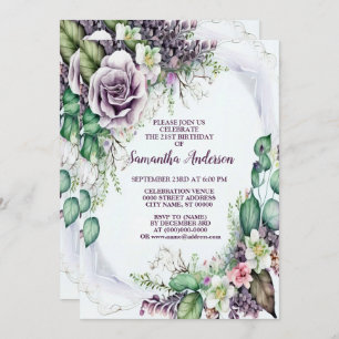 Birthday Party Purple Floral Green Foliage Elegant Invitation