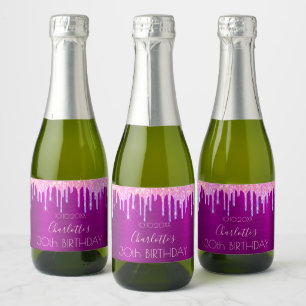 Birthday party purple glitter pink rose name sparkling wine label