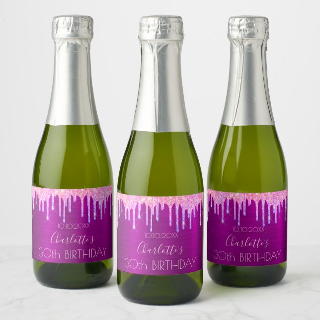 Birthday party purple glitter pink rose name sparkling wine label (Bottles)