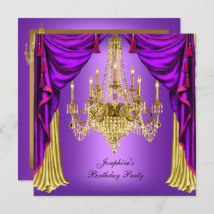 Birthday Party Purple Gold Chandelier Drapes Invitation