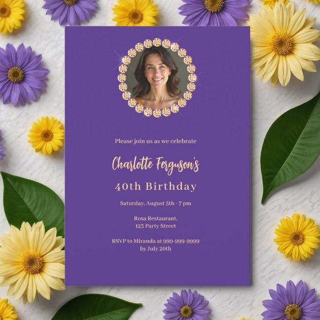 Birthday party purple gold diamond photo invitation (Creator Uploaded)