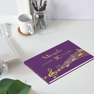 Birthday party purple gold music notes name guest book