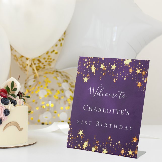 Birthday party purple gold stars welcome pedestal sign (Creator Uploaded)