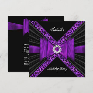 Birthday Party Purple Leopard Black Diamond Bow Invitation